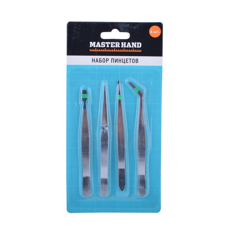 Экономичный и качественный набор из 4 пинцетов с прямыми изогнутыми