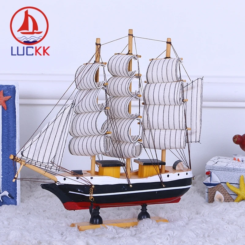 

LUCKK 24CM DIY Wooden Model Ships Black And Red Button Home Decoration Accessories Wood For Crafts Toys Sailing Model Kids Gift