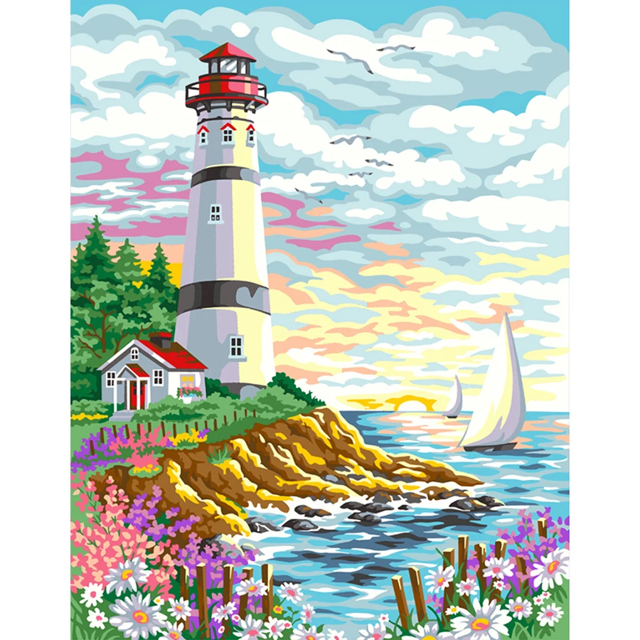 Оформлена DIY картина маслом по номерам ручной росписью Маяк на рассвете Гостиная