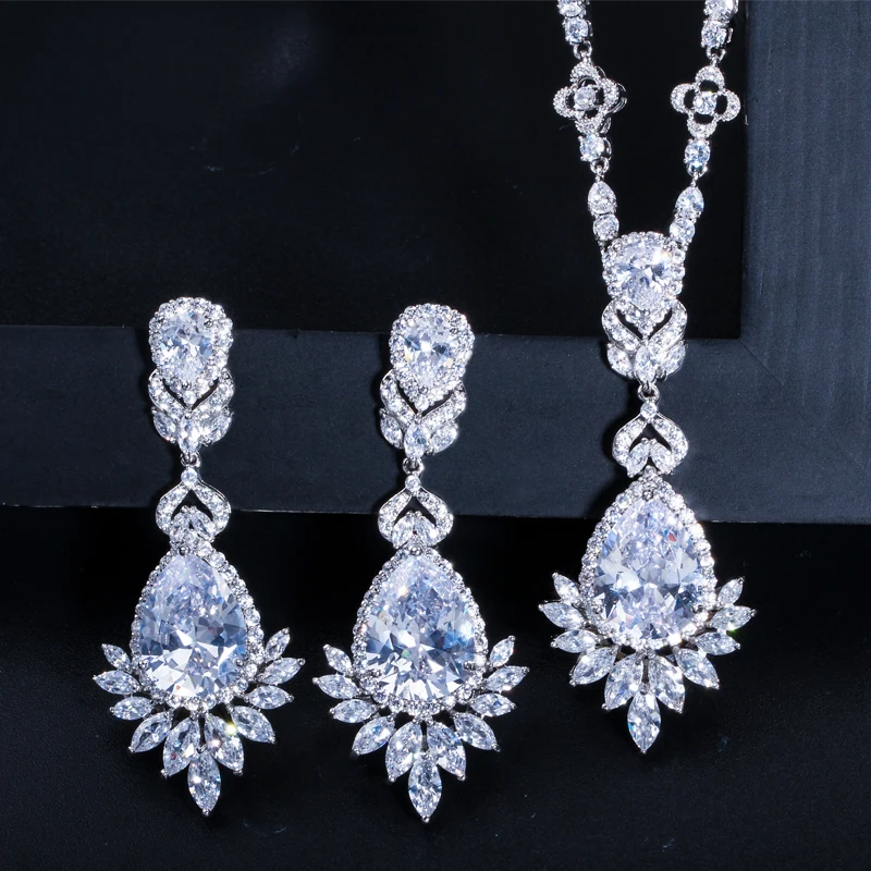 CWWZircons AAA Качество кубического циркония серьги с большой подвеской Королевского синего цвета, Свадебные вечерние серьги ожерелье ювелирные украшения набор для Для женщин T064