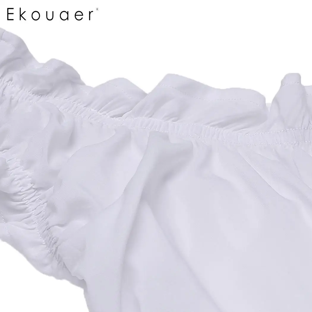 Ekouaer Nightgown Elegant Nightdress Casual Round Neckline Sleeveless Front Lace Up Sleepwear Solid Loose Ruffles Sleep Dress | Женская