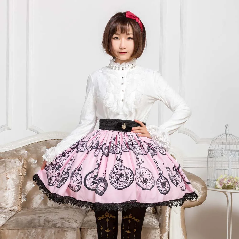 Милые розовые карманные часы Mori Girl с короткой юбкой и принтом для лета|short skirt|printed