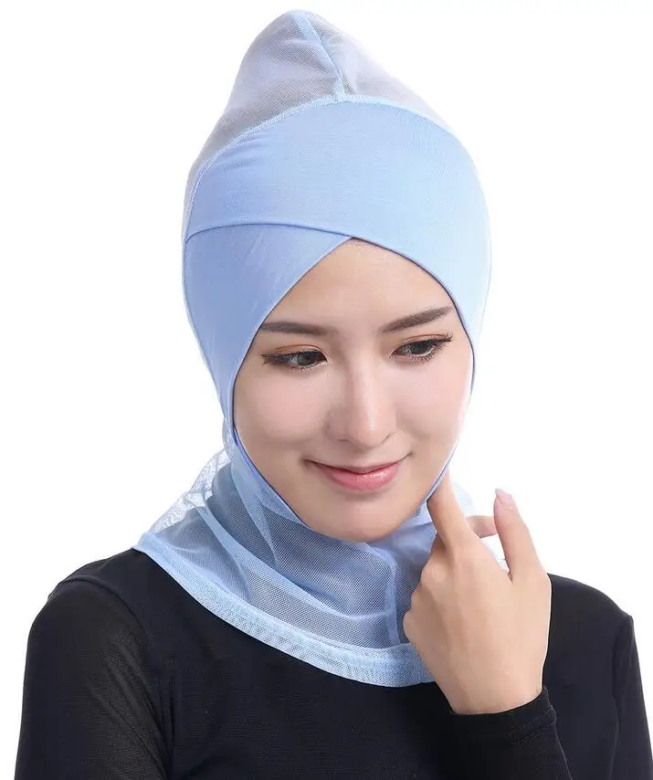 Light Blue DJGRSTER мусульманский мерсеризованный хлопок двухслойный крест шарф полное покрытие внутренний хлопок хиджаб Кепка исламский головной убор шляпа повязка на голову цвета - Цвет: Light Blue