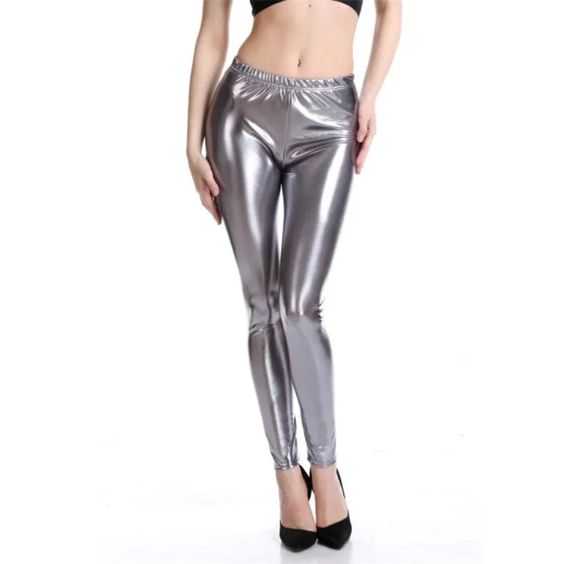 INDJXND Style Punk Rock PU Leather Faux Leather Leggings Women Trousers Purple Metallic Gold Shiny Sexy Shining Legging Fitness