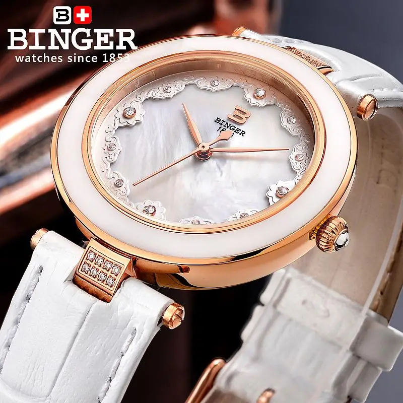 Switzerland Binger Women's watches fashion luxury clock leather Genuine Strap Quartz Clock diamond Wristwatches B-3026-2