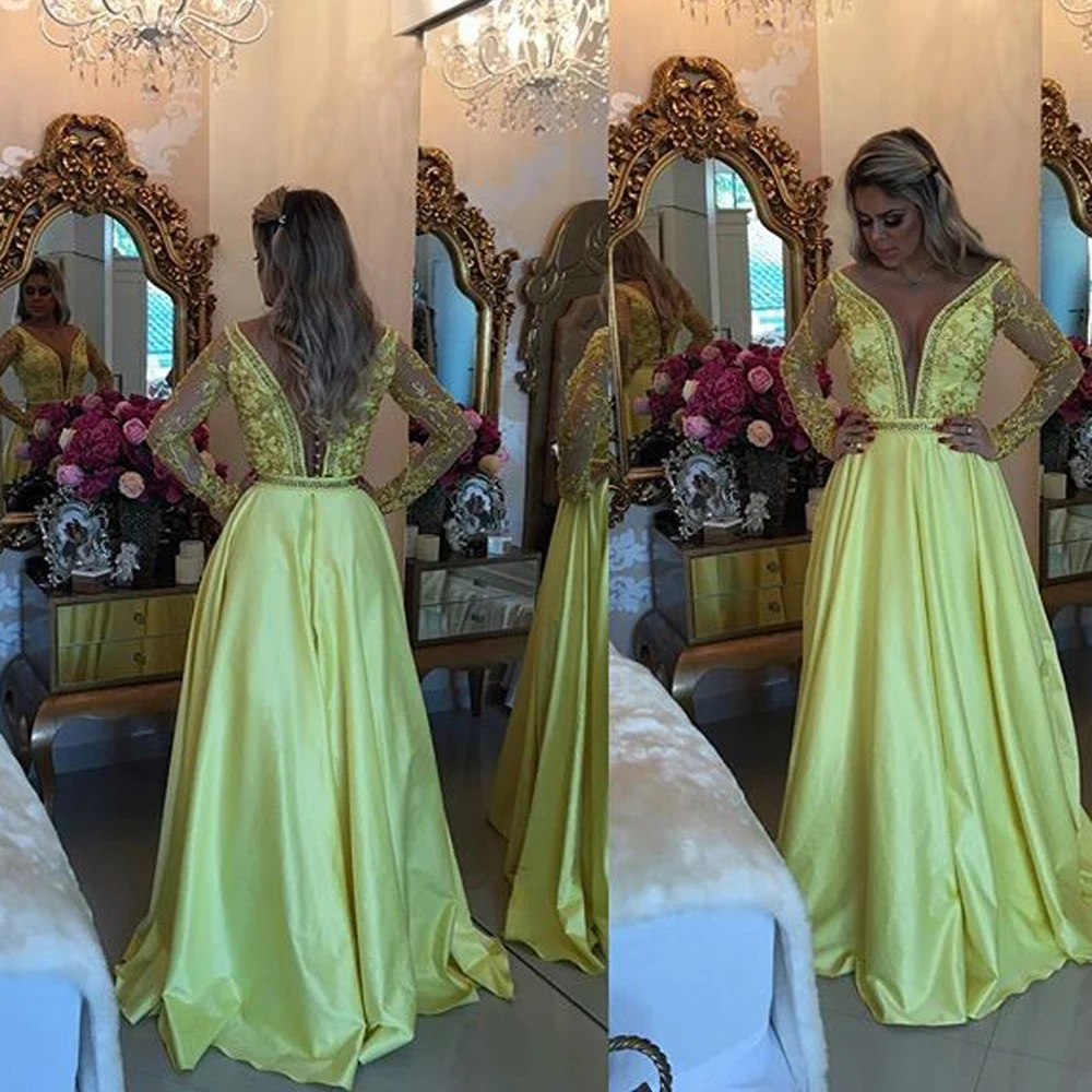 

New Arrival Long Satin Prom Dresses Scoop Skin Tulle Neckline Yellow Evening Dresses Party Dress Vestidos De Festa Longo