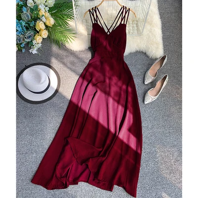 Бургундия Young Gee Boho женское повседневное летнее вечернее праздничное платье с открытой спинкой пляжное платье без рукавов сексуальное с v-образным вырезом Спагетти ремень Длинные платья макси - Цвет: Бургундия