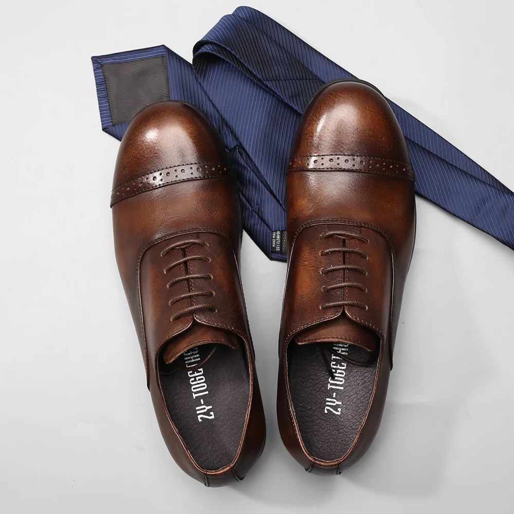 British classic round toe lace up bullock leather shoes black/coffee casual for men real breathable oxford | Обувь