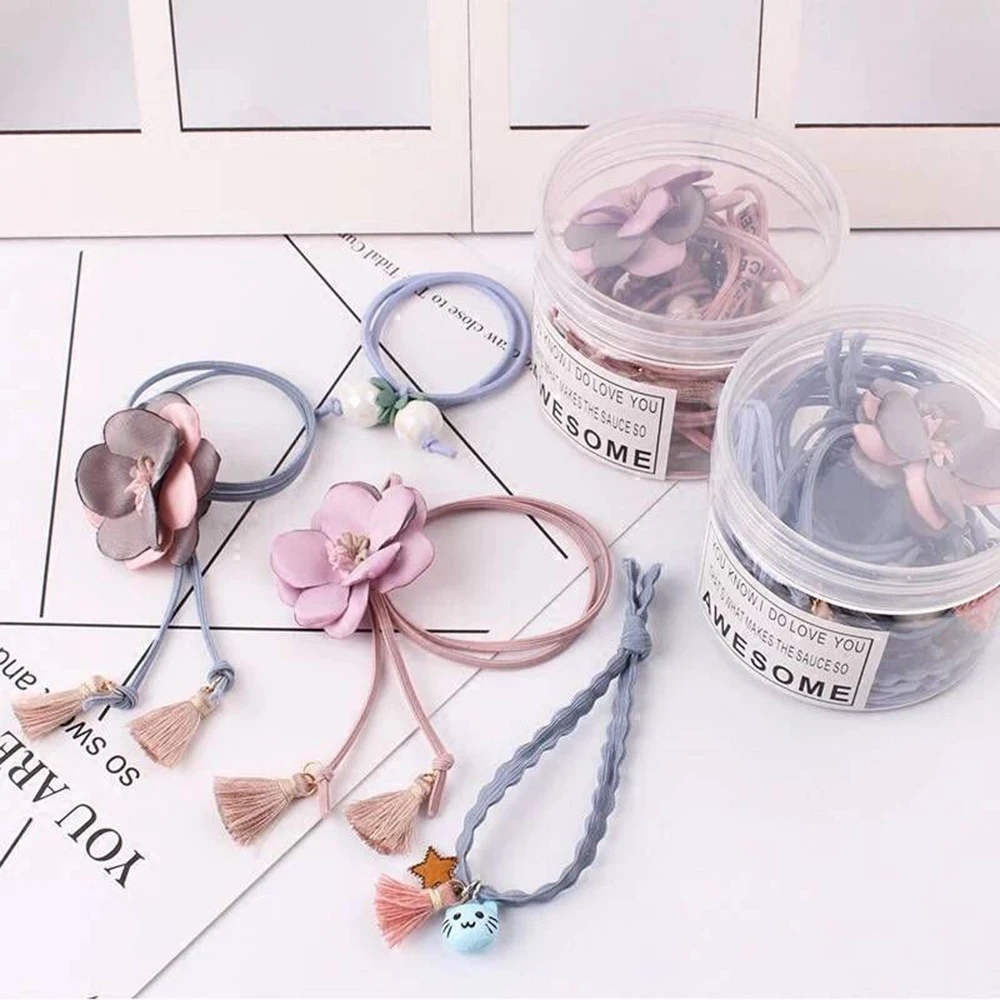 

12Pcs/Set Girls Hair Rope High Elastic Flower Pearl Butterfly Knot Hair Ring Hairband 4 Colors Hair Accessories
