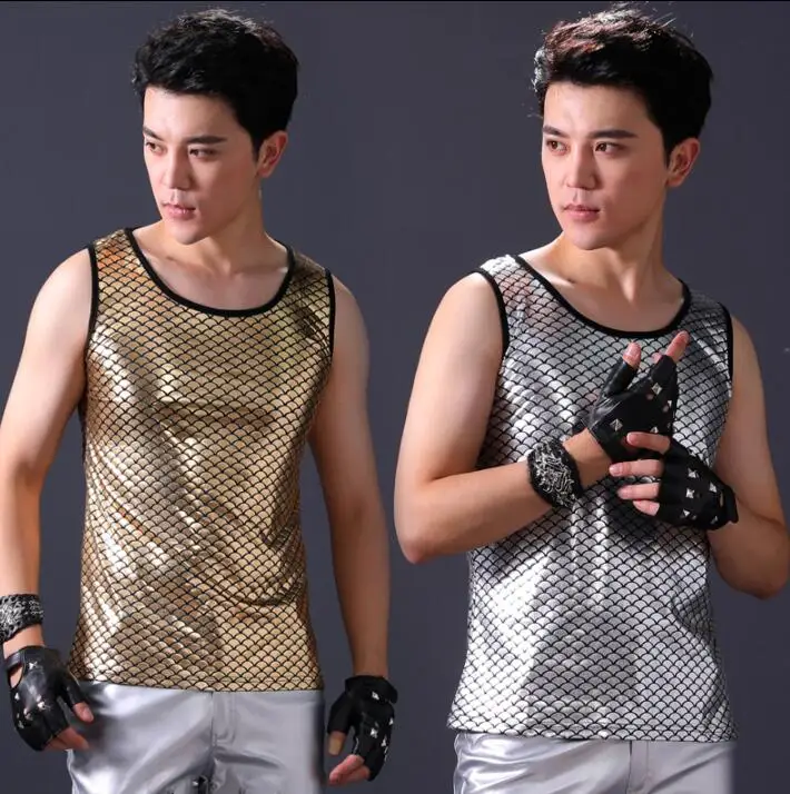 men vest gold silver clothing personality slim male sleeveless vests punk rock costumes hombre singer dance stage fashion | Мужская