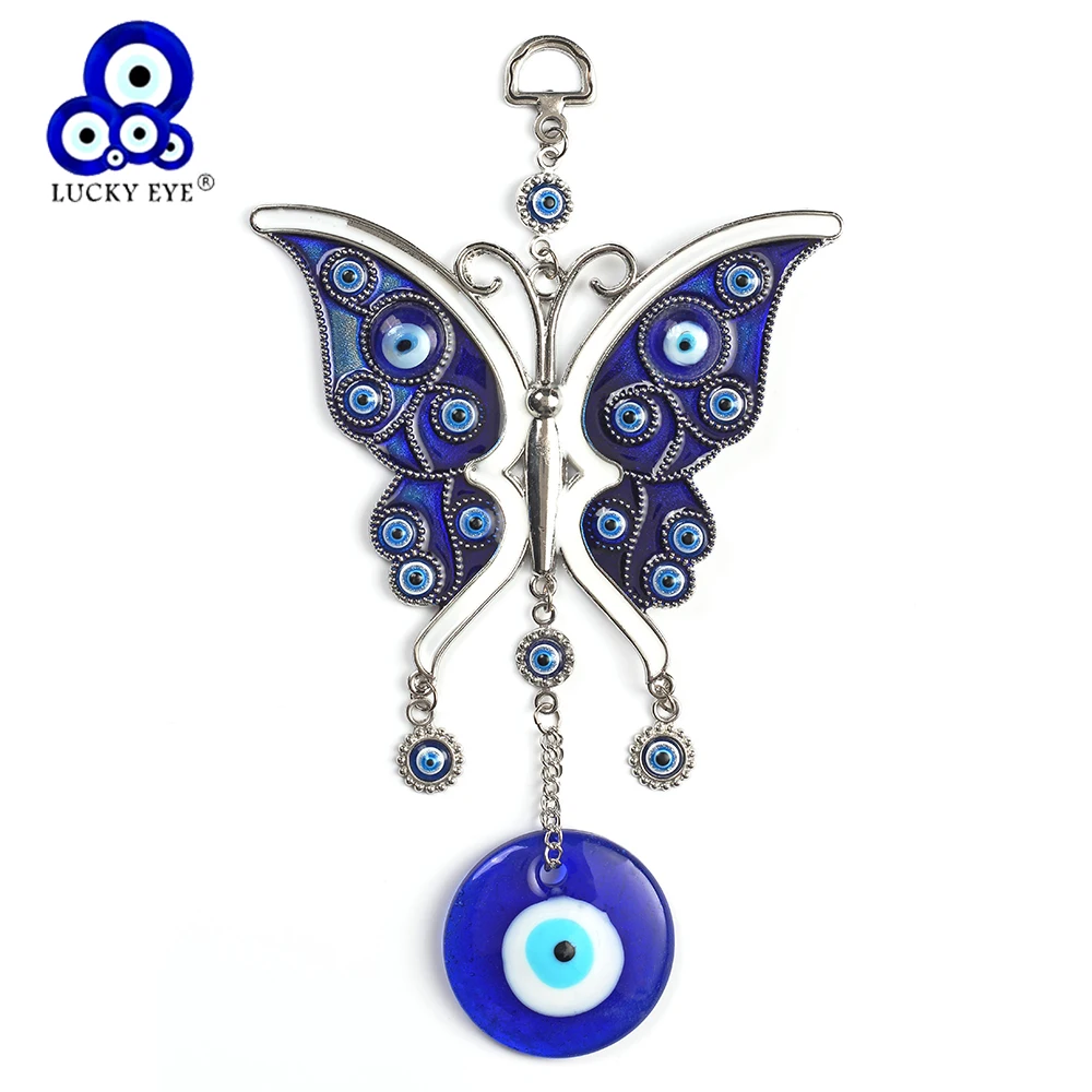 Lucky Eye Butterfly Pendant Wall Hanging Keychain Blue White Alloy Turkish Evil Eye Car Key Chain Fashion Jewelry EY5046