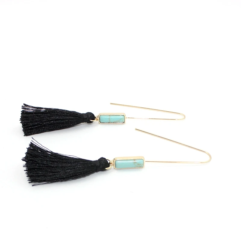 Новинка 2017 женские серьги-подвески с зеленым камнем и черной кисточкой из медной