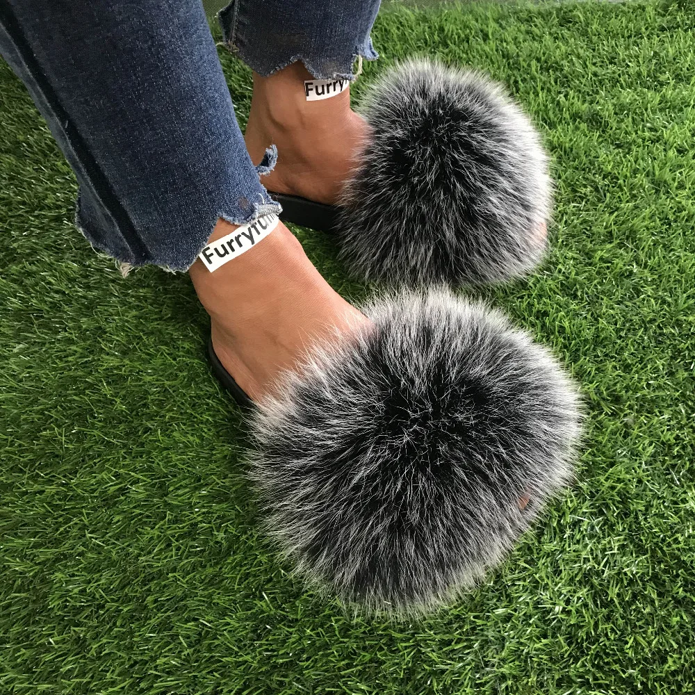Модные женские шлепанцы с натуральным лисьим мехом летние сандалии черного