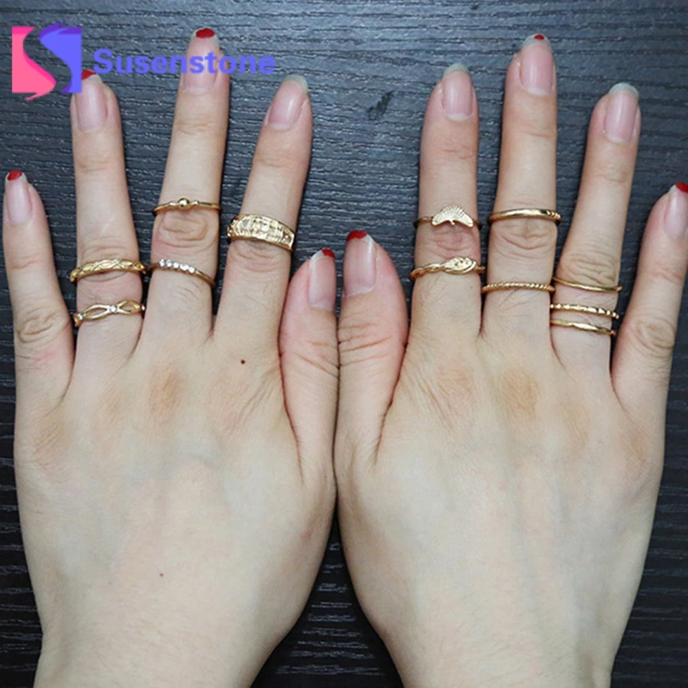 12 шт. женские богемные винтажные кольца набор золотых кристаллов цветок