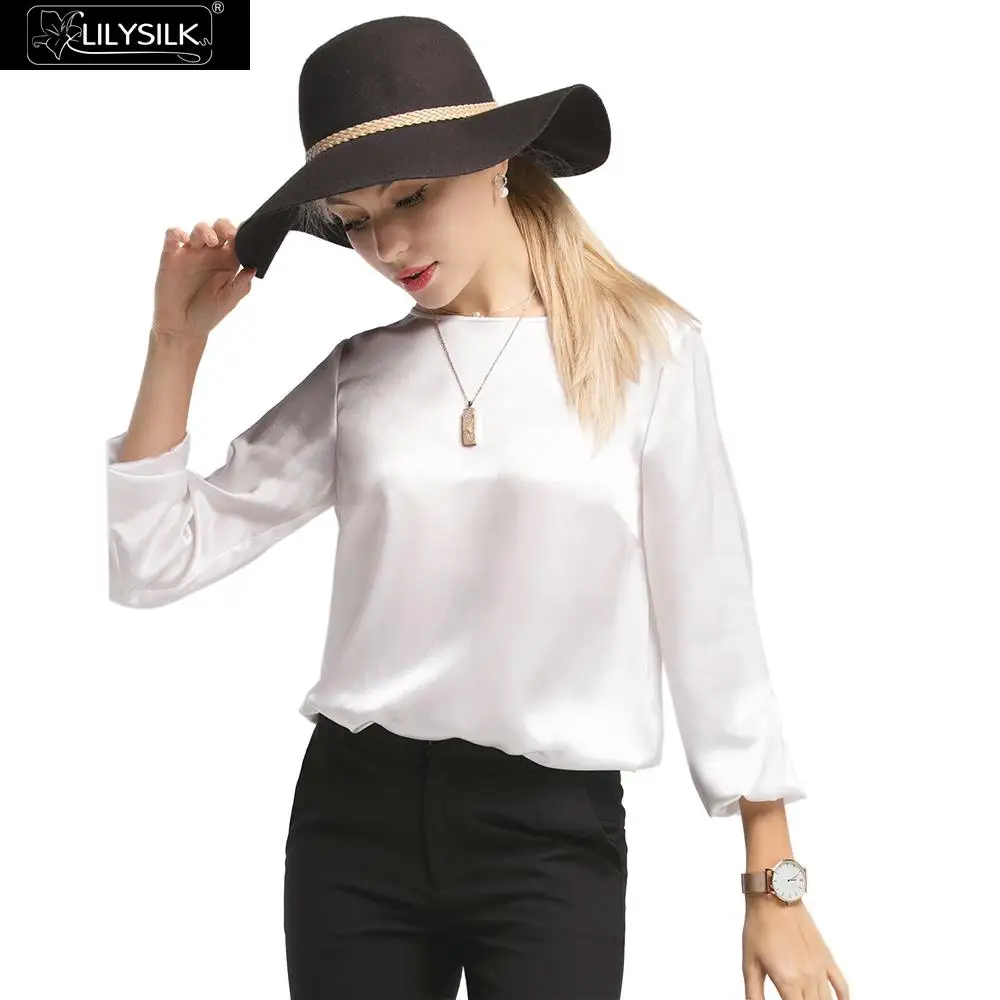 White LilySilk Блузка шелковая рубашка для женщин Элегантная круглая горловина 22 momme Летняя женская - Цвет: White