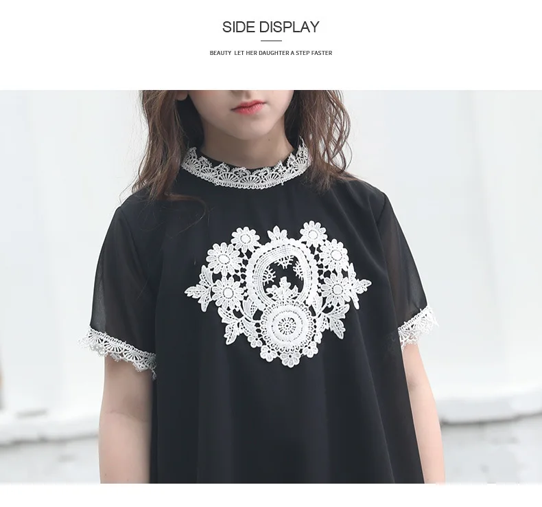 Free shipping girls embroidery dress teenage short sleeve black loose children holiday kids clothes 6-16Y ws604 | Детская одежда и