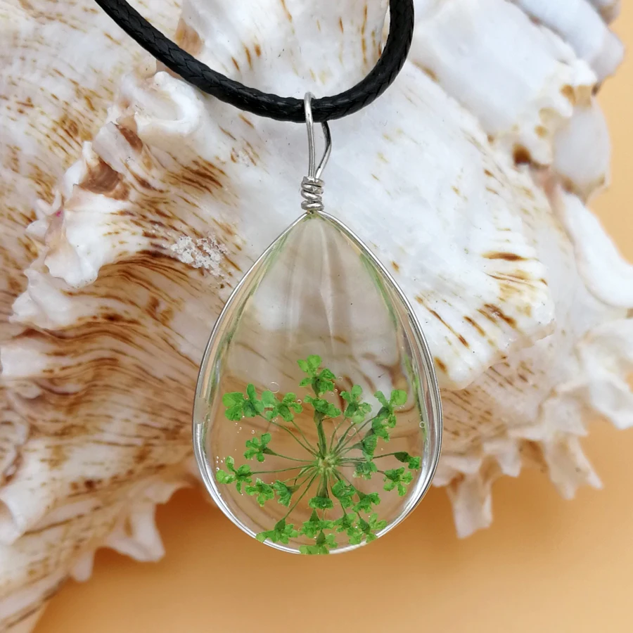 

Shsby Natural Real dried flower Glass Cabochon water drop Pendant Necklace Rope chain Dry Flower Plants Jewelry Women Gifts