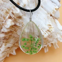 shsby natural real dried flower glass cabochon water drop pendant necklace rope chain dry flower plants jewelry women gifts