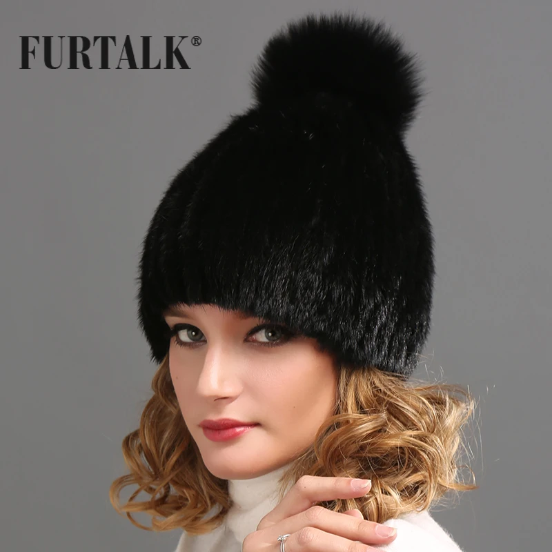FURTALK ручной вязки естественно норки чернобурки меховые кисточки меховая шапка