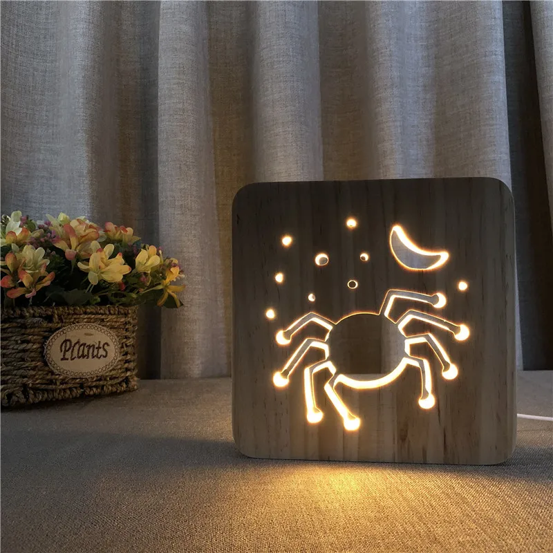 

Wooden Spider Lamp for Halloween Gift USB LED Table Lamp Bedroom Cafe Bar Decoration Wood Carving 3D Night Light