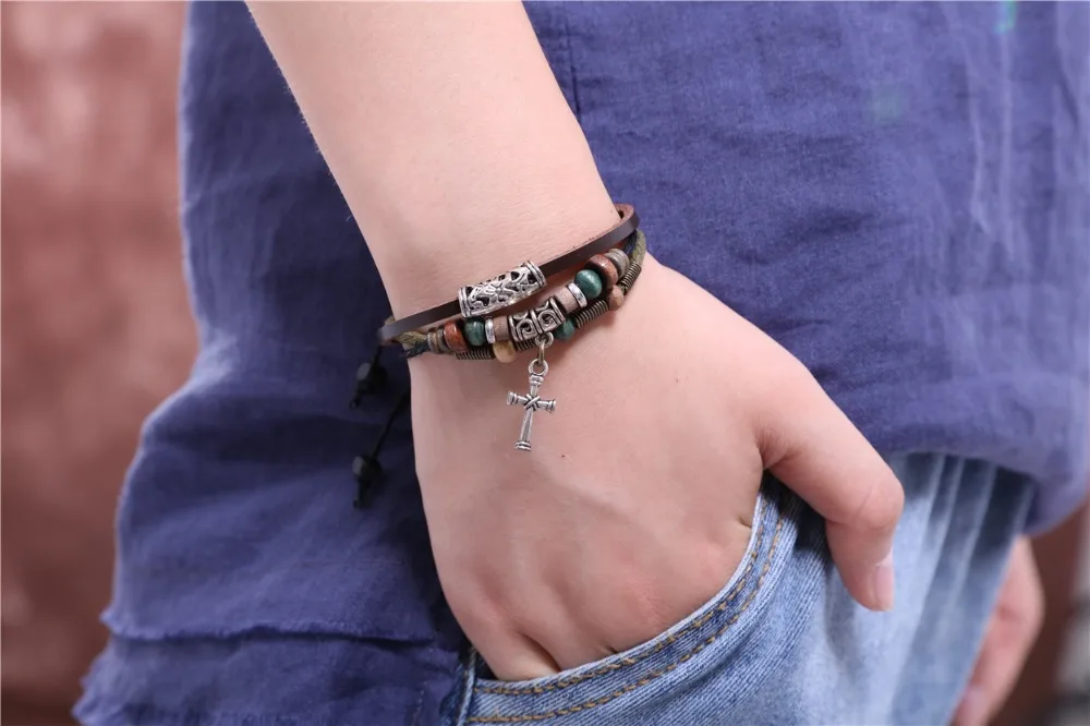 Кожаные браслеты для женщин и мужчин ювелирные изделия крест очаровательный
