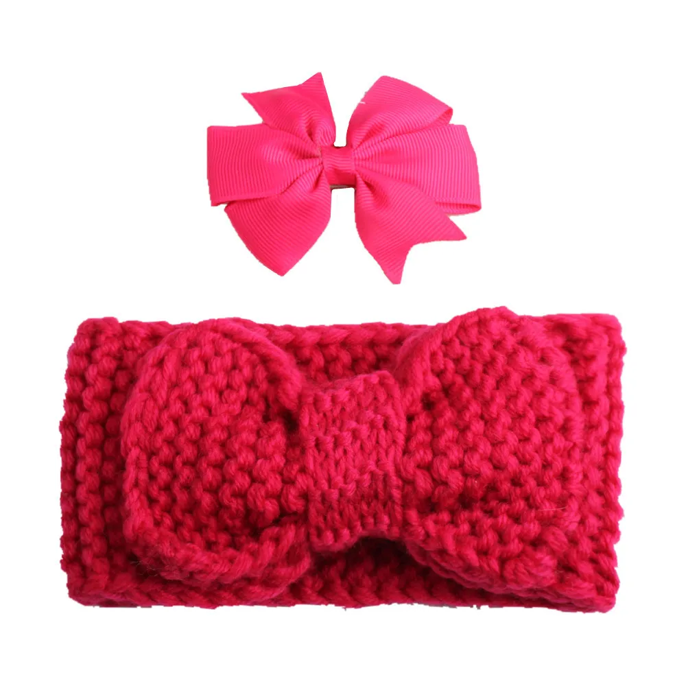 Two Matching Baby Girl Headbands Super Cute Bow Snood Barrettes Combination Set Winter Accessories |