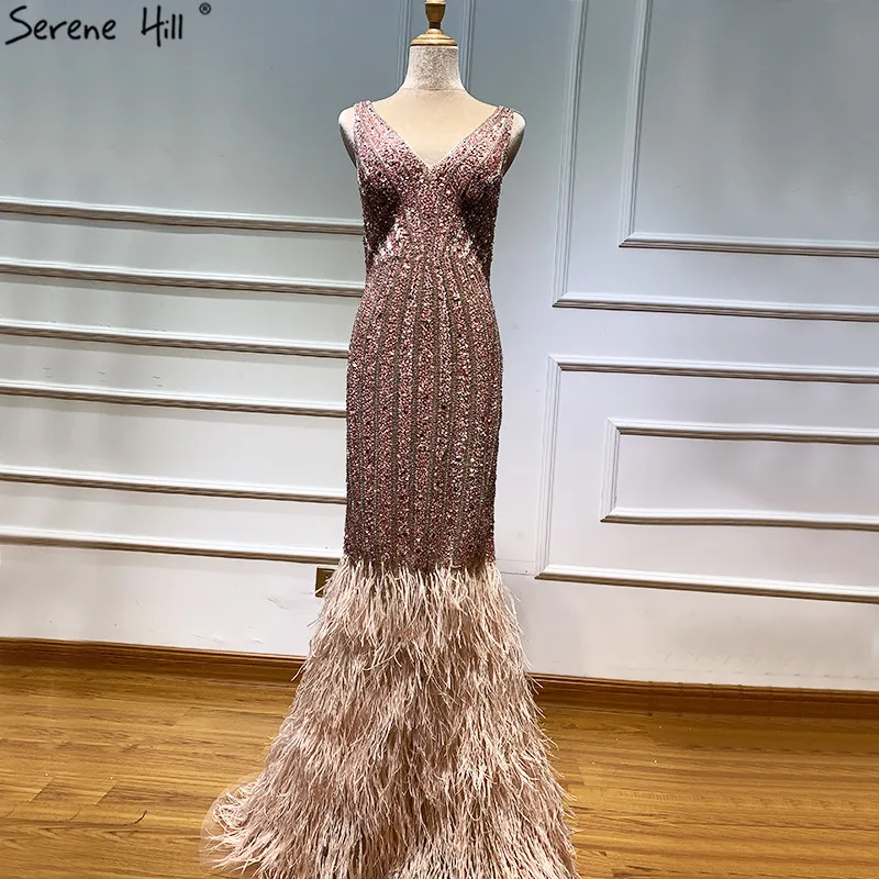 Вечернее платье Русалка с перьями без рукавов v образным вырезом BLA60749|Вечерние