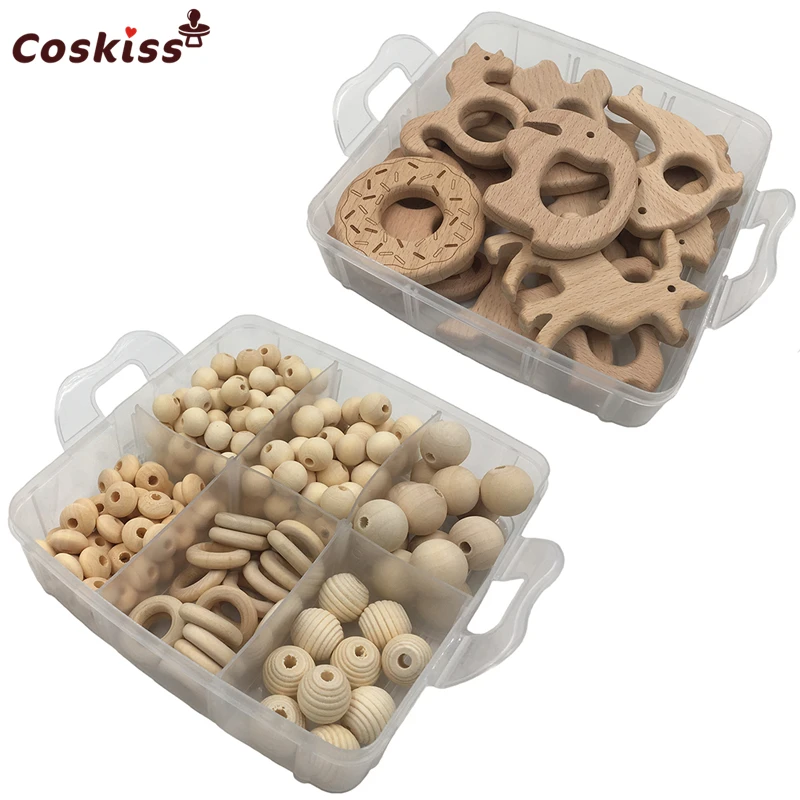 2 boxed Best Quality Wood Baby Teether Nursing Jewelry Beech wooden animal Geometry Wood Beads Creative Wooden Rings Teether