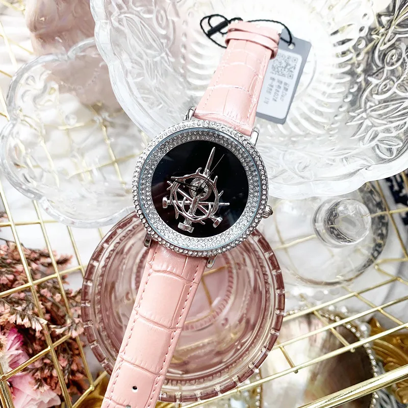 

Cool 46MM Big Size Rotating Sword GOOD LUCK Watches for Women Full Crystals Watch Waterproof Real Leather Spinning Wrist watch