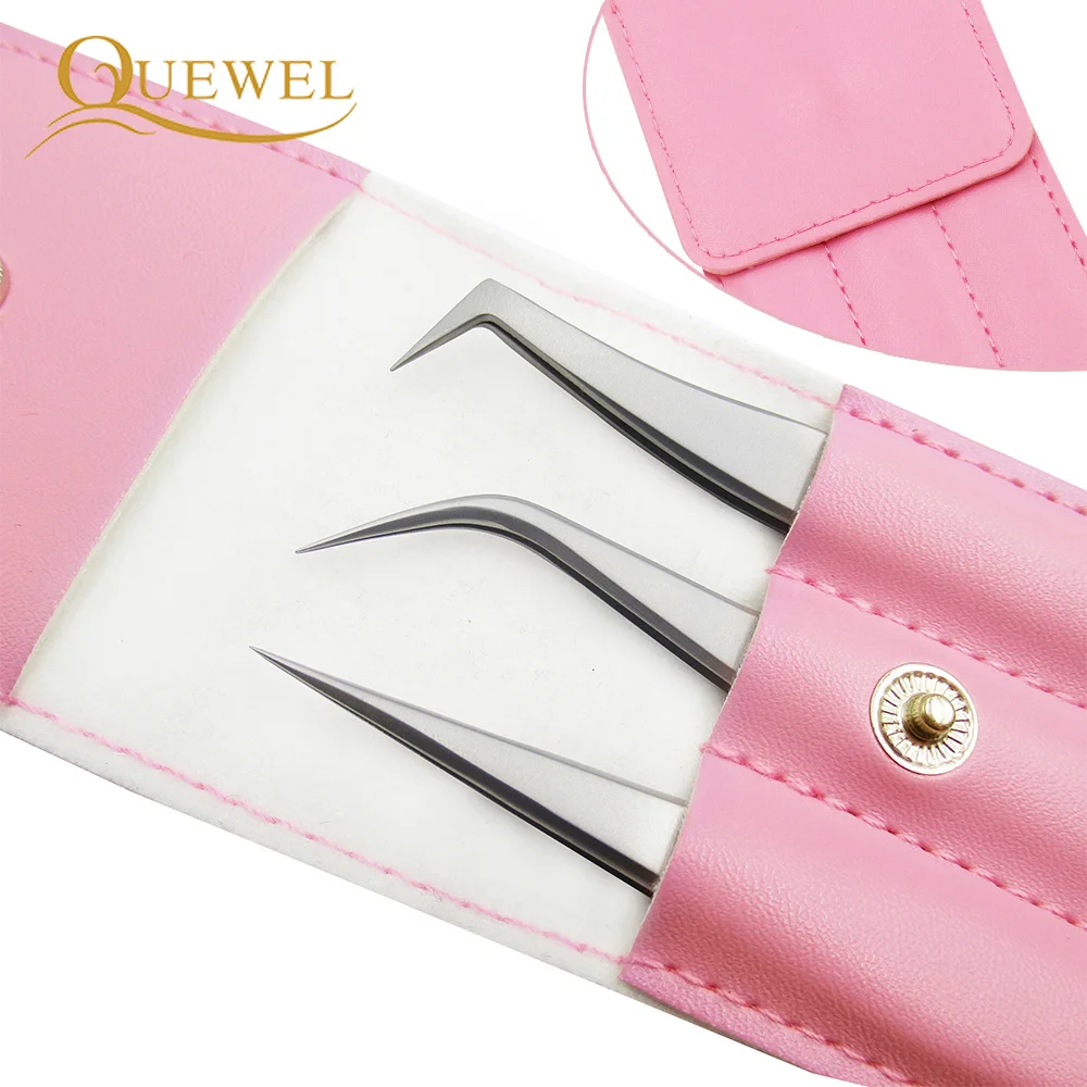 3 Pcs Eyelash Tweezer Straight Curved Stainless Steel Eyelash Clip Eyelash Extension Brow Tweezers Cosmetic Leather Case Makeup