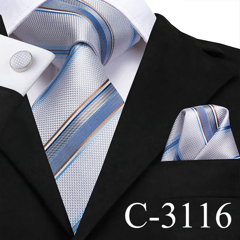 C-3116 Hi-Tie деловые синие мужские галстуки Набор Шелковый Полосатый галстук Hanky запонки набор 8,5 см Широкий классический деловой Свадебный Карманный квадратный галстук - Цвет: C-3116