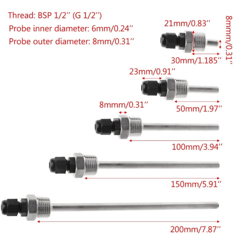 Thermowell Immersion Sleeve Pocket Stainless Steel 304 BSP 1/2&quot for Max 6mm Wire PT100 PT1000 NTC10K NTC50K Pipe L30-L200mm |