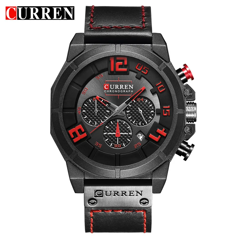 black red Роскошные Брендовые мужские спортивные часы Curren с хронографом, водонепроницаемые кварцевые наручные часы с кожаным ремешком, мужские часы, мужские часы - Цвет: black red