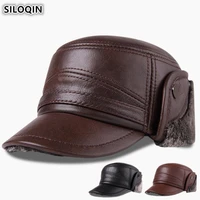 siloqin genuine leather hat for men winter plus velvet thick warm baseball cap with earmuffs mens cap cowhide leather warm hats