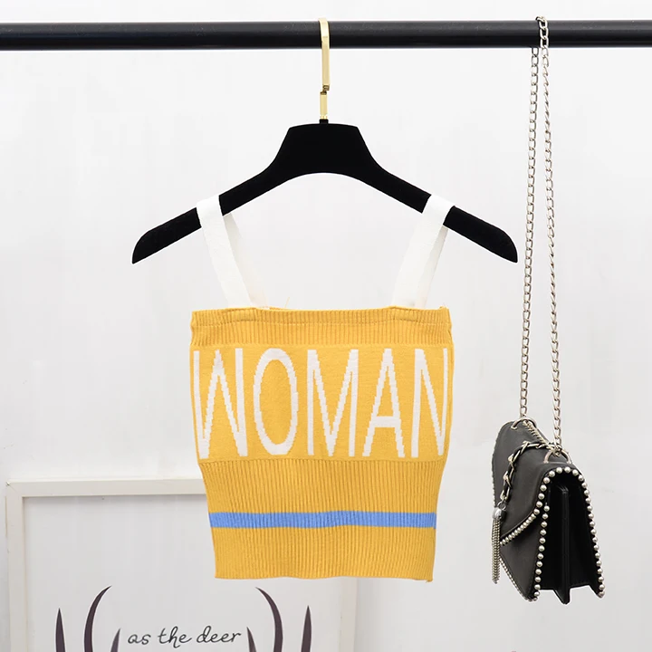 Оранжевый ALPHALMODA Для женщин Стиль Письмо Вязание Chic укороченные трикотажная кофточка блок Цвет короткие Трикотажный Слинг Топ Спортивная летние майки - Цвет: Оранжевый