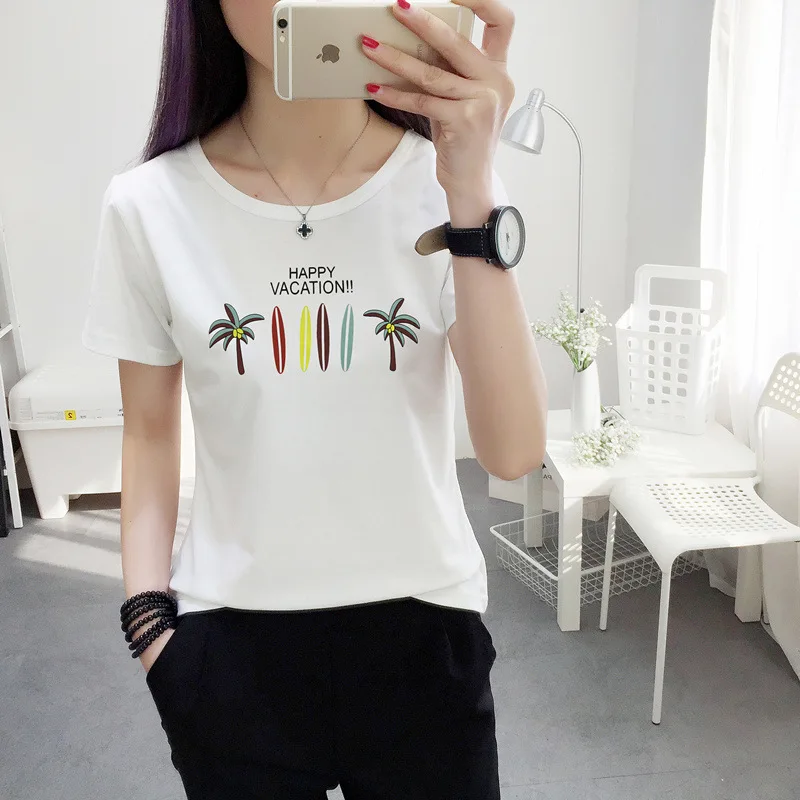 016 White T-Shirt Футболки г. Летняя новинка, Милый принт с животными, короткий рукав, круглый вырез, женский топ для девочек, Студенческая облегающая мягкая женская белая футболка, футболки - Цвет: 016 White T-Shirt