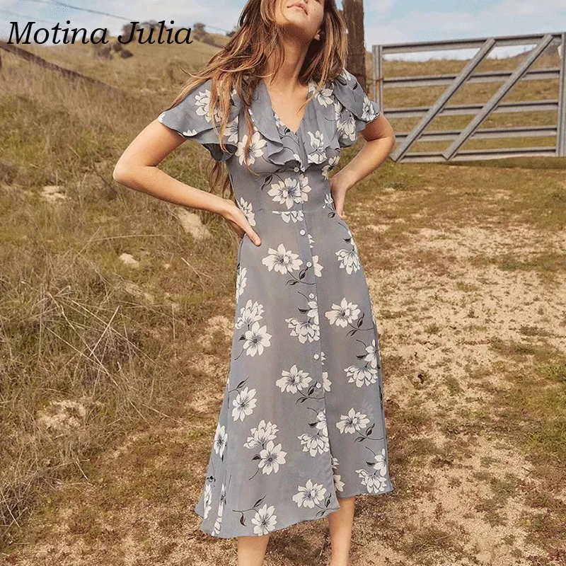 Motina Julia шикарное платье миди с цветочным принтом и пуговицами женское богемное