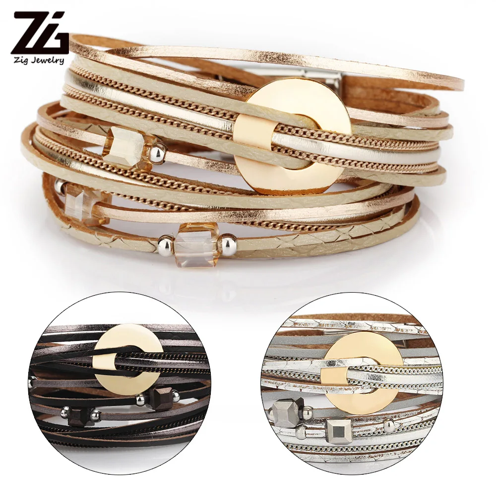 Модные женские браслеты ZG 2022 в 3 цветах из кожи с кристаллическими бусинами и металлическими подвесками.