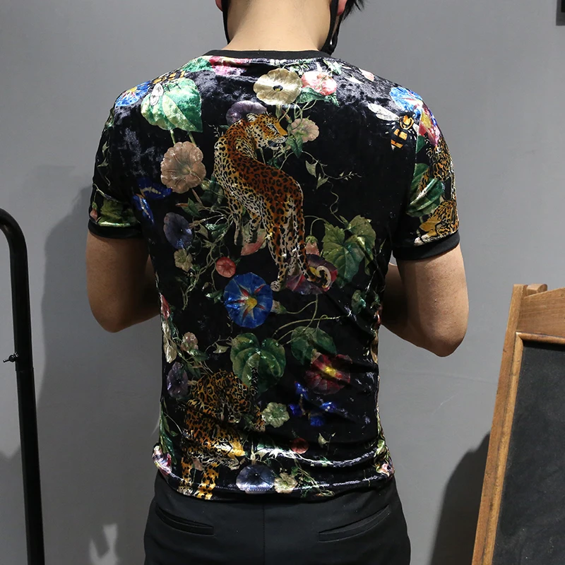 Бархатные футболки мужские с принтом животных черные Клубные Chemise Tiger новые