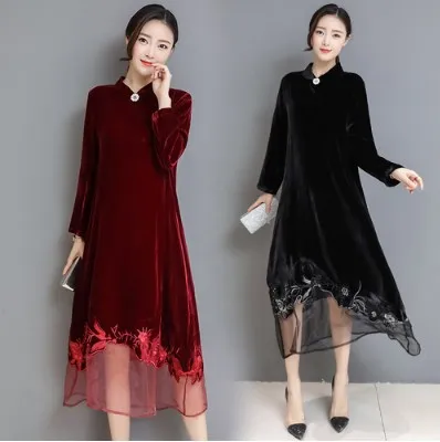 Женское пляжное платье с вышивкой длинное винтажное Сетчатое бархатное в стиле