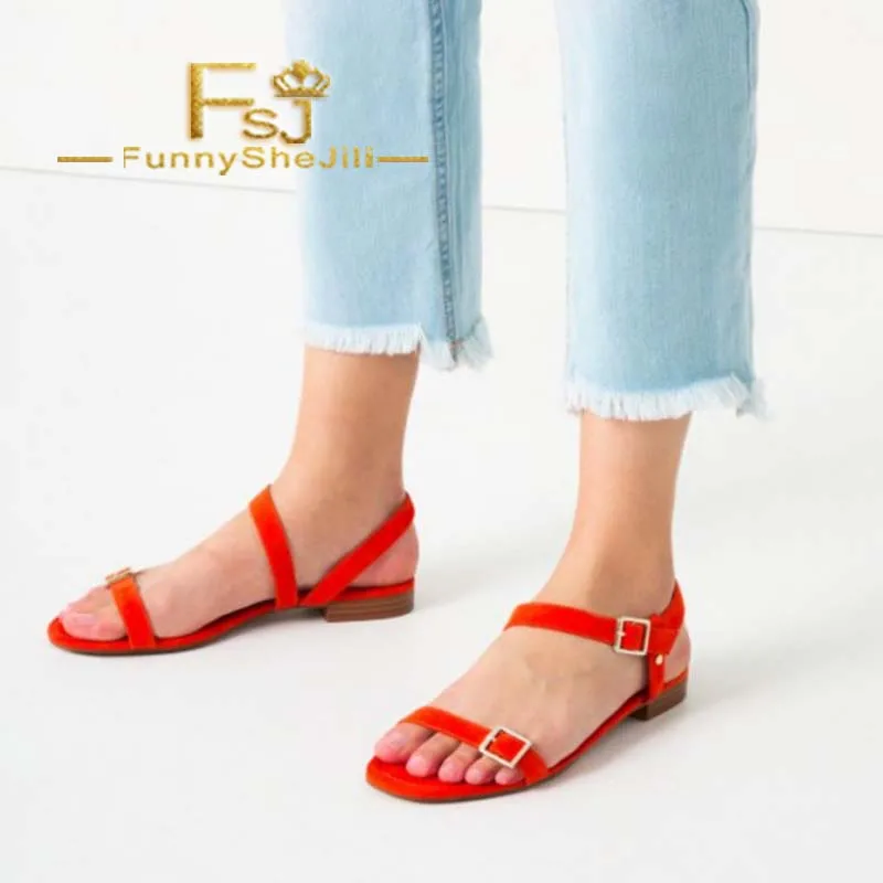 

FSJ Red Buckle Low Block Heels Summer 2019 Ankle Strap Sandals Open Toe Shoes Fashion Dress Work For Woman Zopato Mujer 4-16