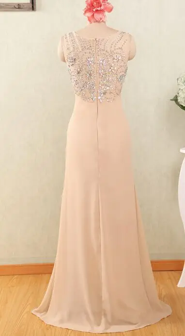 A-Line Champagne 2017 Hot Sale O-Neck Long Chiffon Prom Dresses With Crystal Beads Plus Size Party Dress Custom Made | Свадьбы и