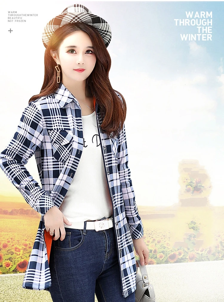 Женские осенние зимние теплые блузки, Топы Blusa Camisa Femininas, хлопковая рубашка в клетку с длинным рукавом из плотного бархата, Длинные фланелевые рубашки
