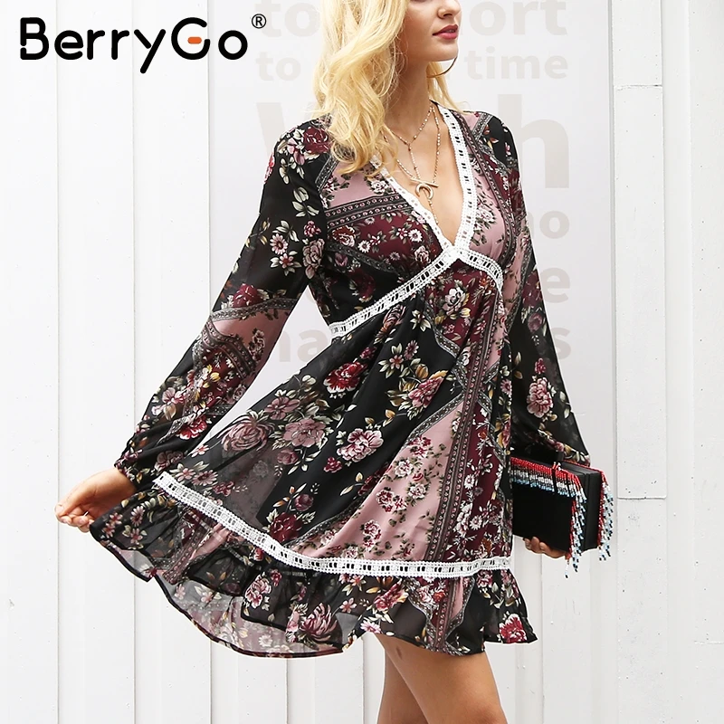 BerryGo зимнее платье с рюшами и цветочным принтом женское осеннее v-образным