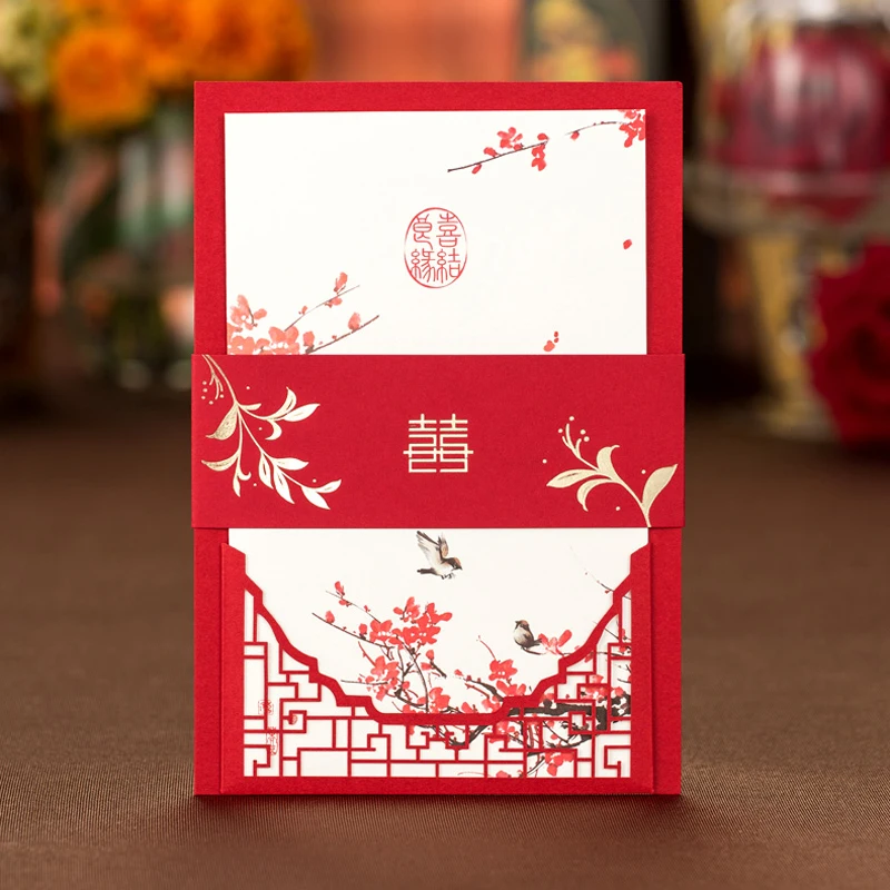 

(50 pieces/lot) Love Bird Red Plum Blossom Wedding Invitation Card Customized Print Happiness Wedding Decoration Cards XQ1604