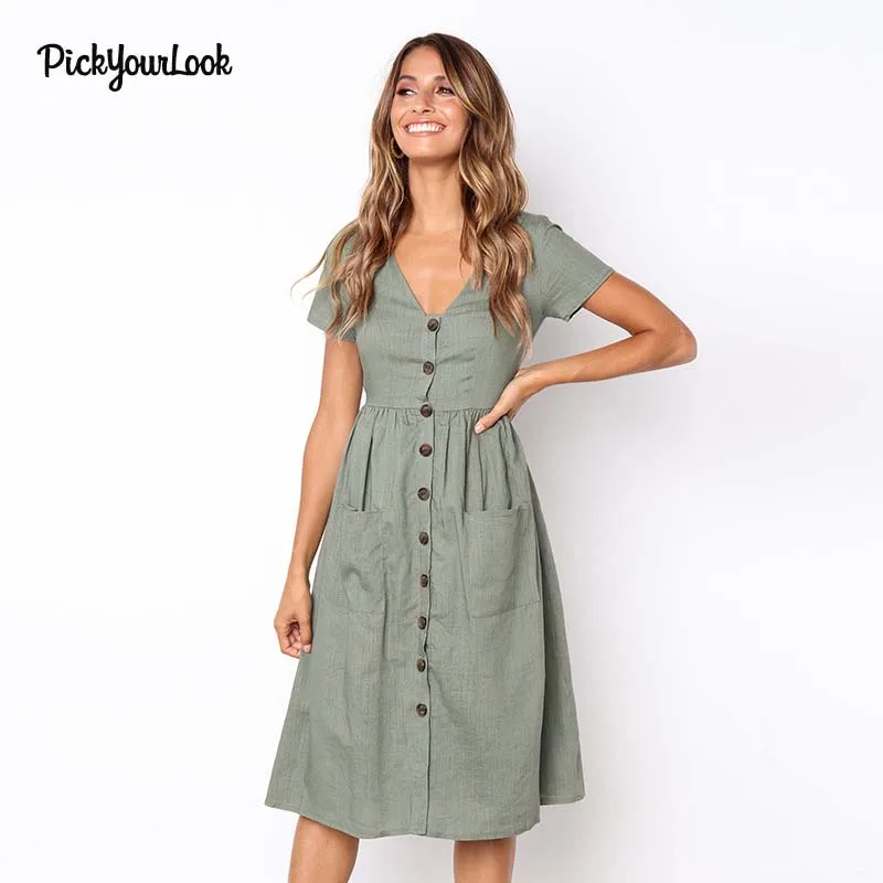 PickyourLook женское платье летняя повседневная одежда на пуговицах с карманом Vestidos