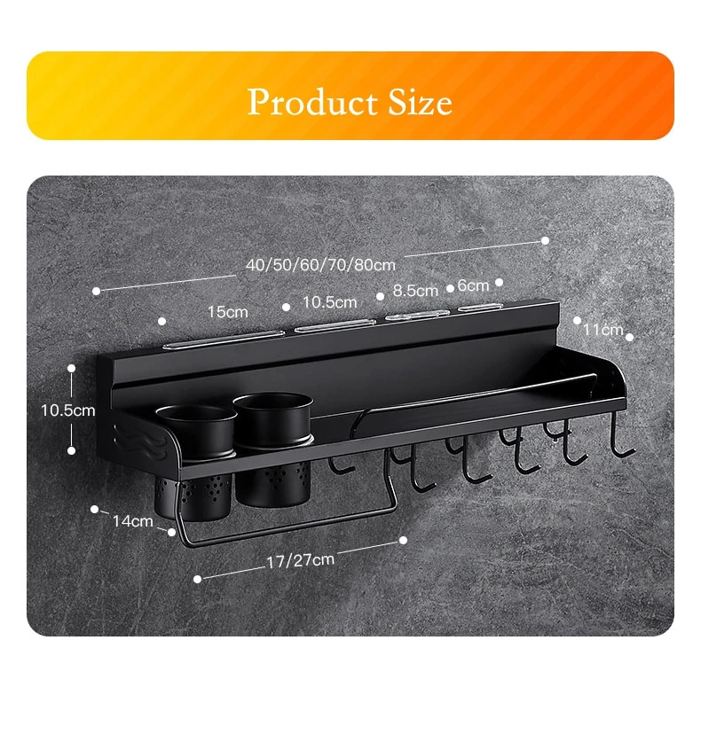 

Houmaid Kitchen Stainless Steel Storage Cook Tools Wall Holder Knives Storage Rack With Hooks Europe Black Shelf For Seasoning