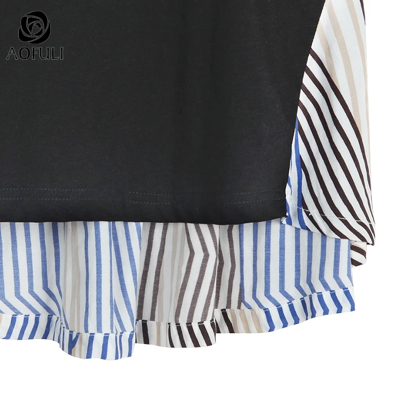 Женская блузка AOFULI летняя ассиметричная с коротким рукавом и принтом в полоску