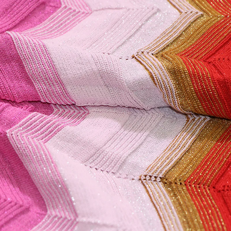 Micosoni Italian Style Summer New Gorgeous Color Stripes Golden Thread Insert Knit Short Sleeve Red Pink Sweater Dresses