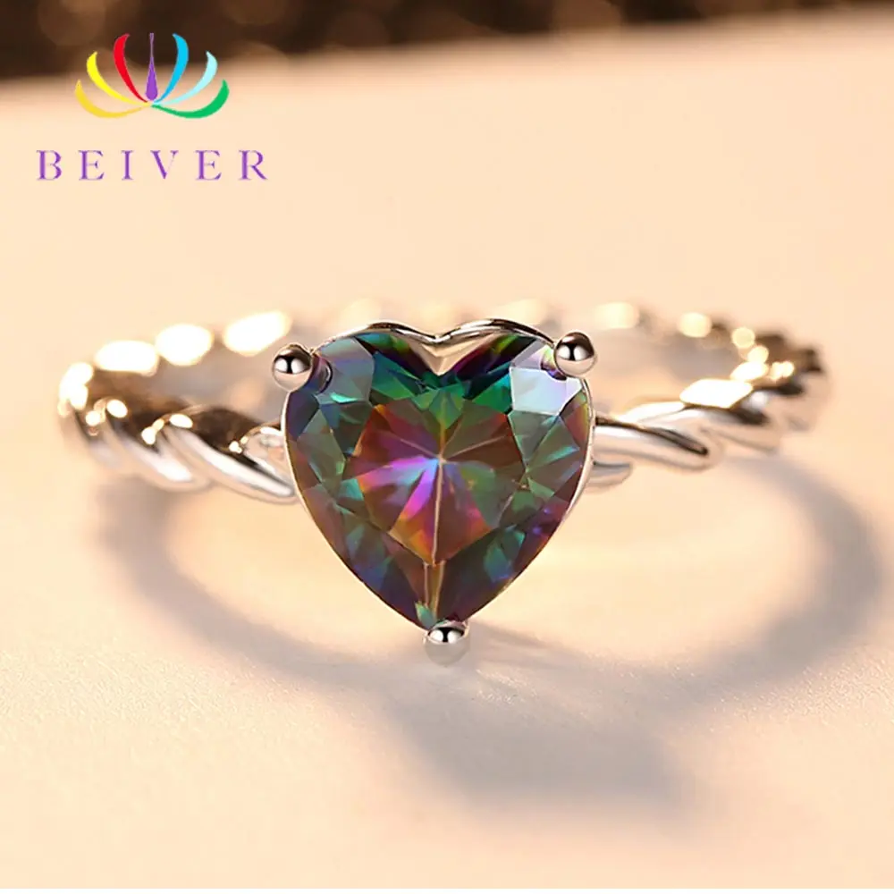 

Beiver 2019 New Arrival White Gold Color Rainbow Heart-Shaped Zircon Promise Wedding Bands Rings for Women Romantic Style